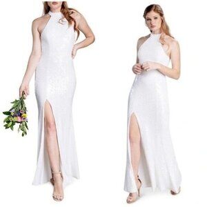NEW Dress The Population Samara Sequin Halter Gown XS White Formal Slit